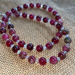 Natural Pink Tourmaline 8mm Bead necklace & Crystal spacers